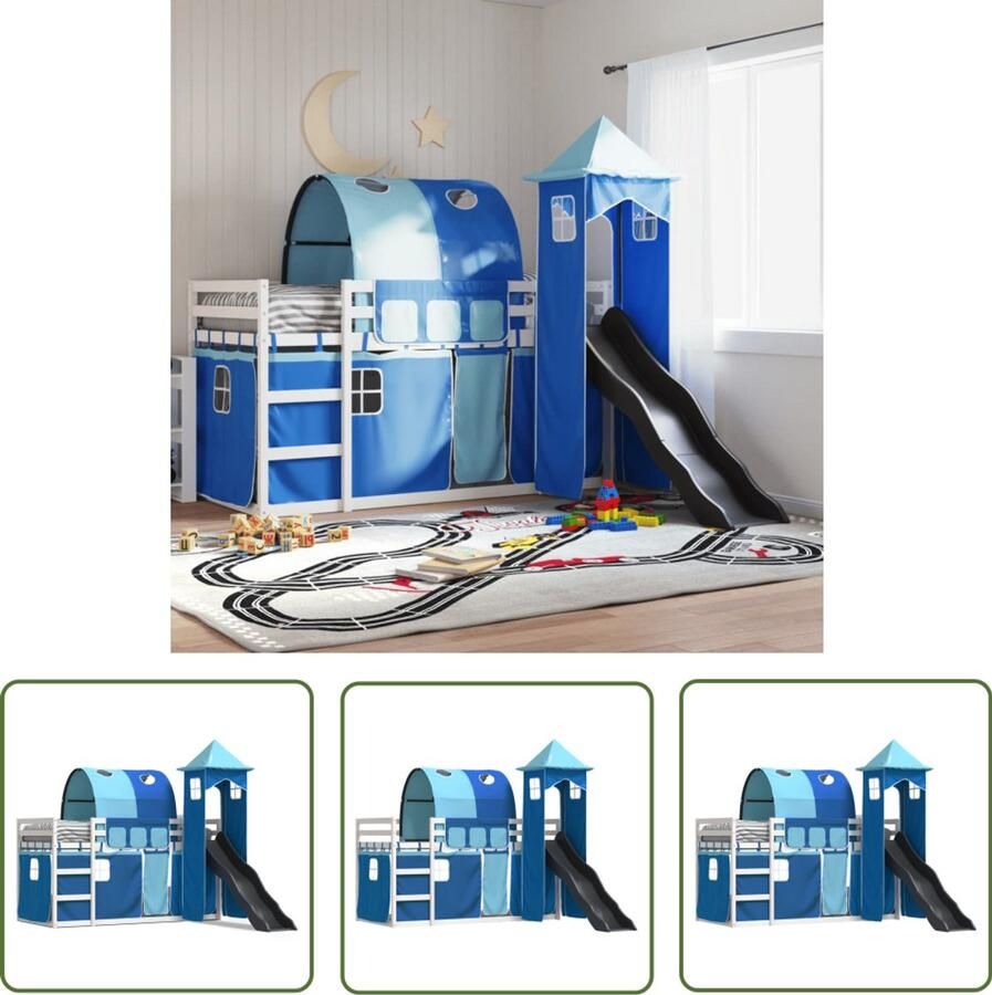 VidaXL Stapelbed met glijbaan en gordijnen blauw 90x190 cm Stapelbed Kinderbed Houten Bed Bunk Bed Kids Bedroom Furniture