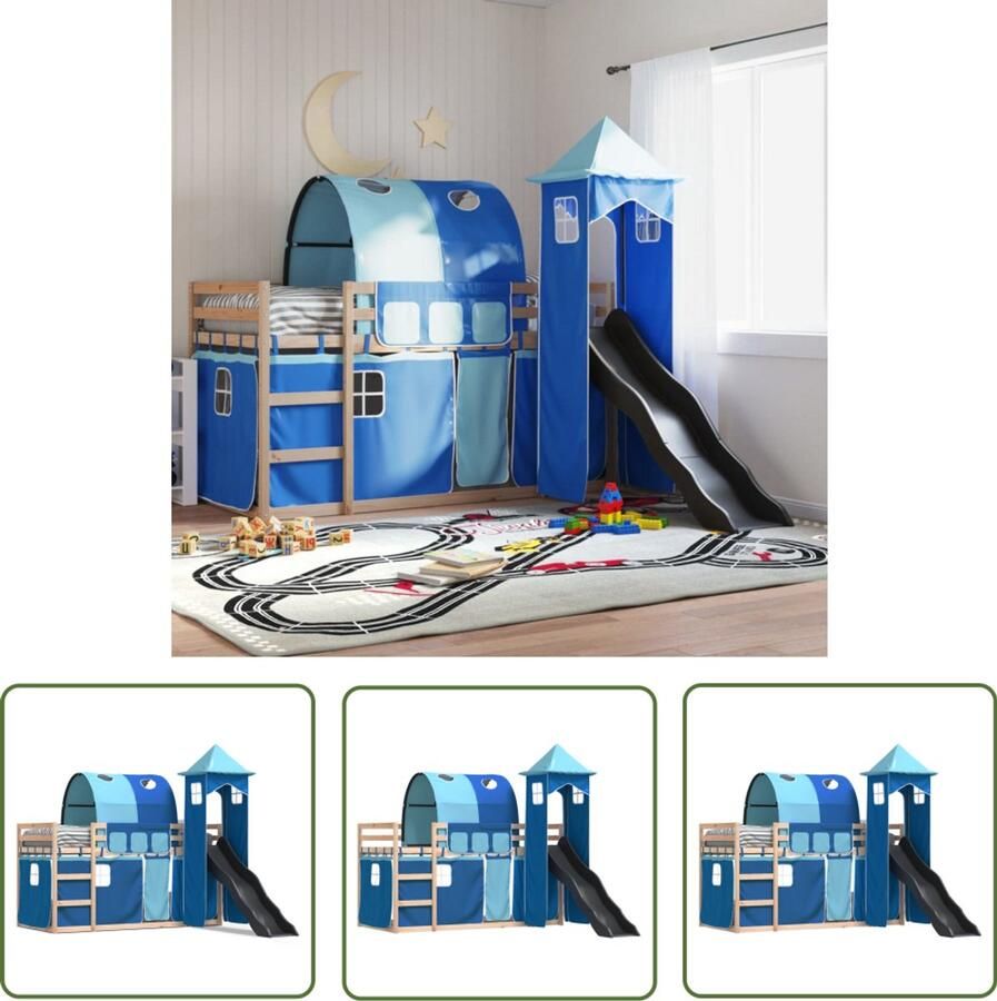 VidaXL Stapelbed met glijbaan en gordijnen blauw 90x190 cm Stapelbed Kinderbed Houten Bed Glijbaan Blauwe Beddengoed