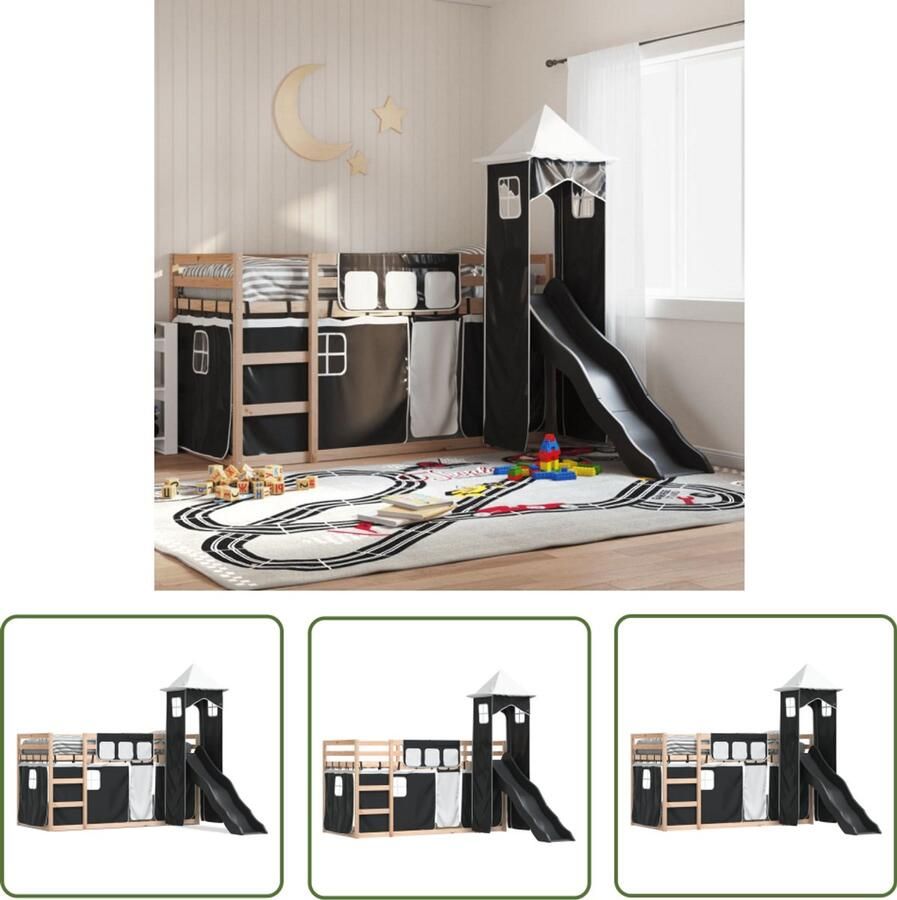 VidaXL Kinderbed Stapelbed met glijbaan en gordijnen wit en zwart 80x200 cm Tweepersoonsbed Houten Bed Bunkbed