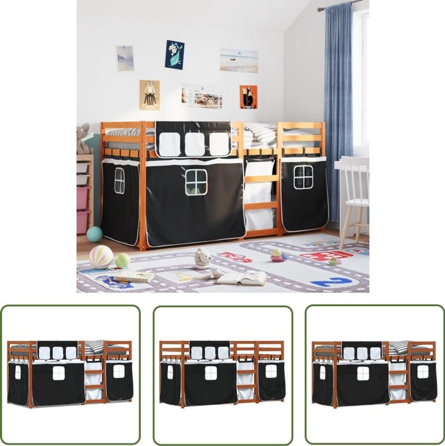 VidaXL Stapelbed met gordijnen 90x190 cm grenenhout wit en zwart Stapelbed Kinderbed Houten Bed Grenenhout Bed Tweepersoonsbed