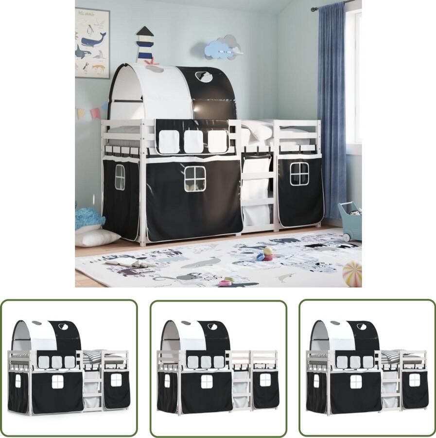 VidaXL Stapelbed met gordijnen 90x190 cm grenenhout wit en zwart Stapelbed Kinderbed Houten Bed Grenenhout Bed Tweepersoonsbed