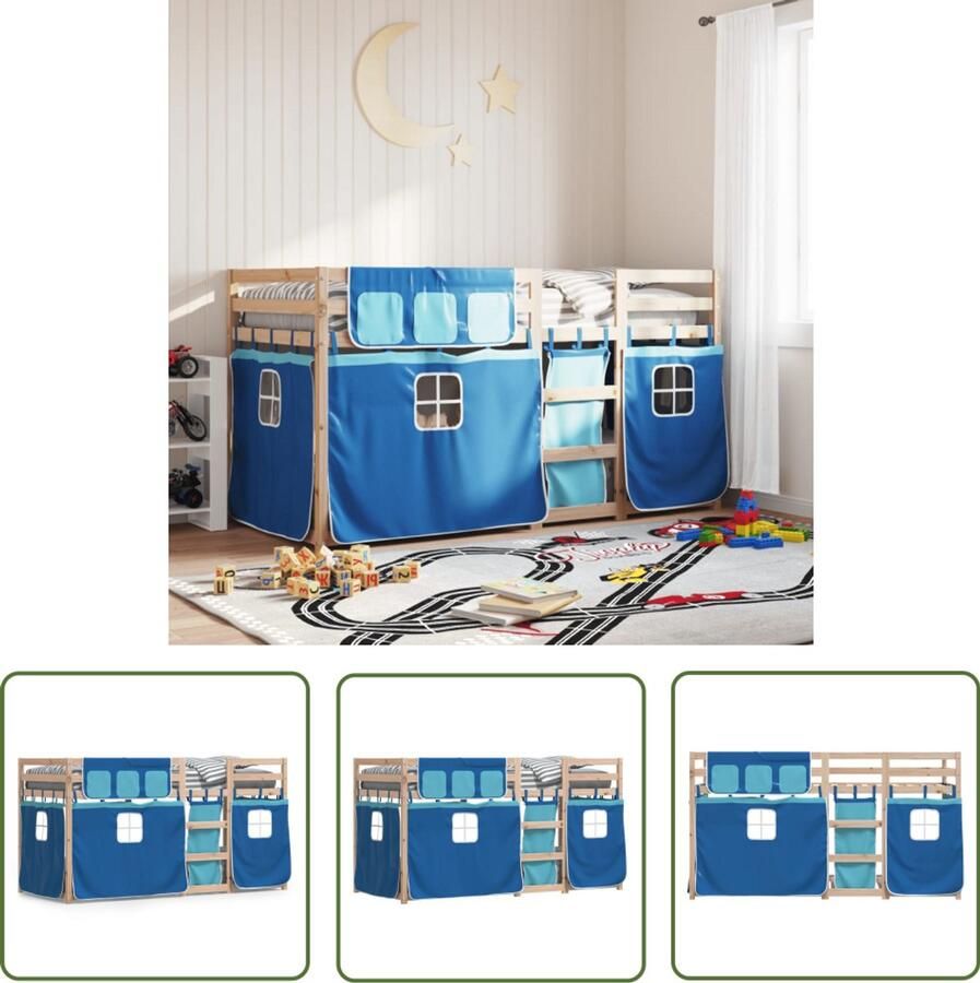 VidaXL Stapelbed met gordijnen 90x190 cm massief grenenhout blauw Stapelbed Kinderbed Houten Bed Grenenhout Bed Blauwe Bed