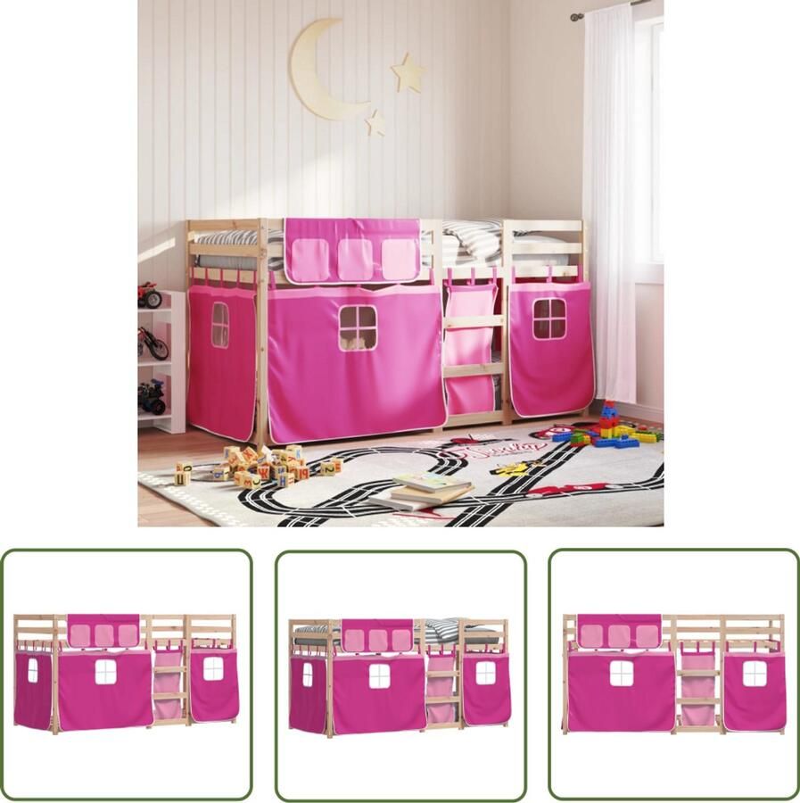 VidaXL Stapelbed met gordijnen 90x200 cm grenenhout roze Stapelbed Kinderbed Houten Bed Grenenhout Bed Meisjeskamer