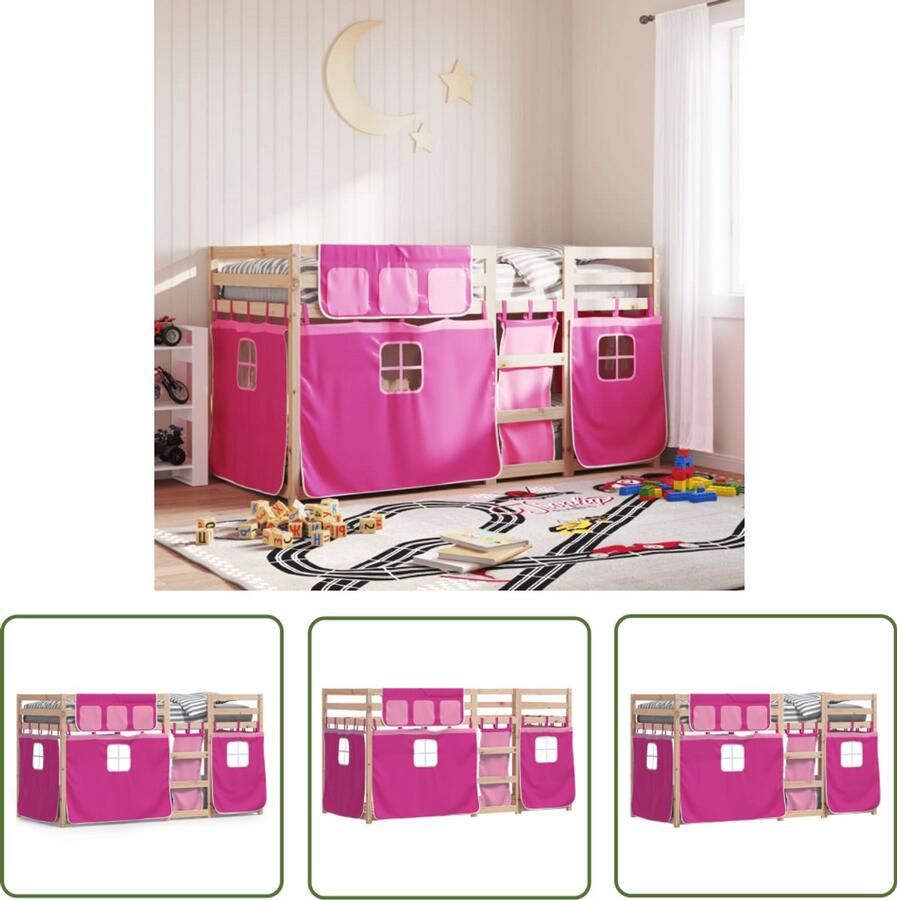 VidaXL Stapelbed met gordijnen 90x200 cm grenenhout roze Stapelbed Kinderbed Houten Bed Grenenhout Bed Meisjeskamer
