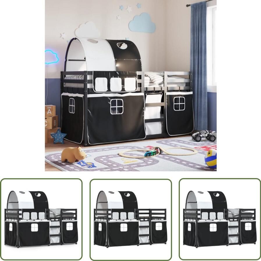 VidaXL Stapelbed met gordijnen 90x200 cm grenenhout wit en zwart Stapelbed Kinderbed Houten Bed Grenenhout Tweepersoonsbed