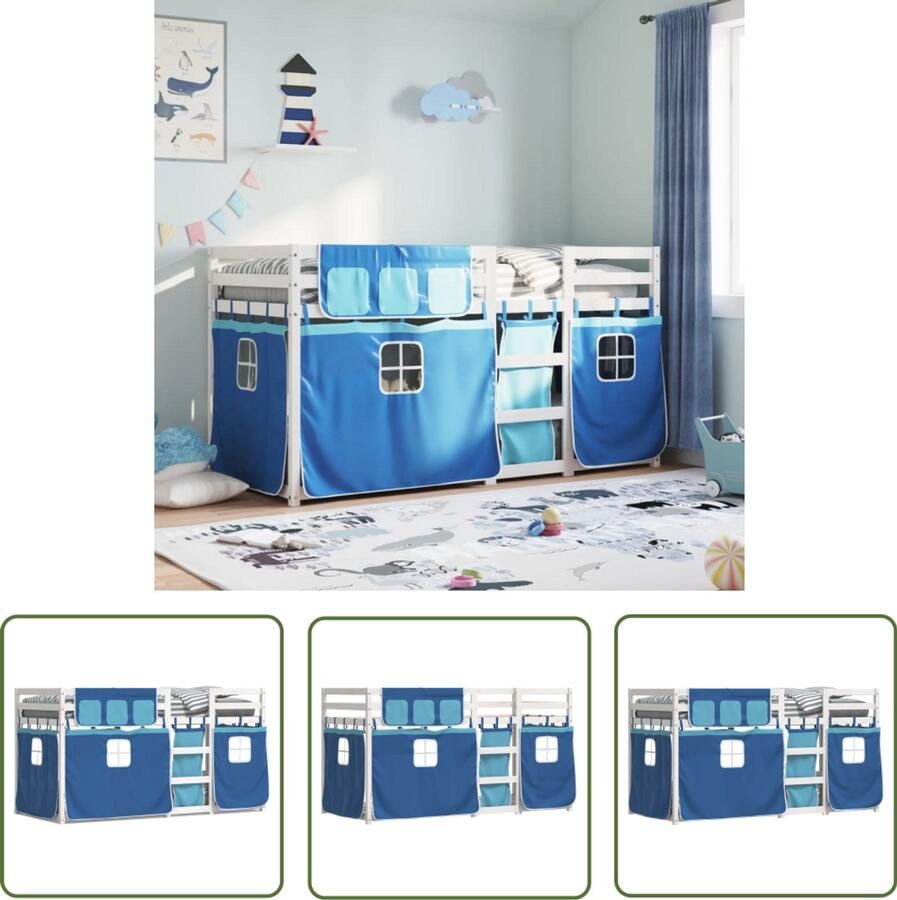 VidaXL Stapelbed met gordijnen 90x200 cm massief grenenhout blauw Stapelbed Kinderbed Houten Bed Grenenhout Bed Blauwe Beddengoed
