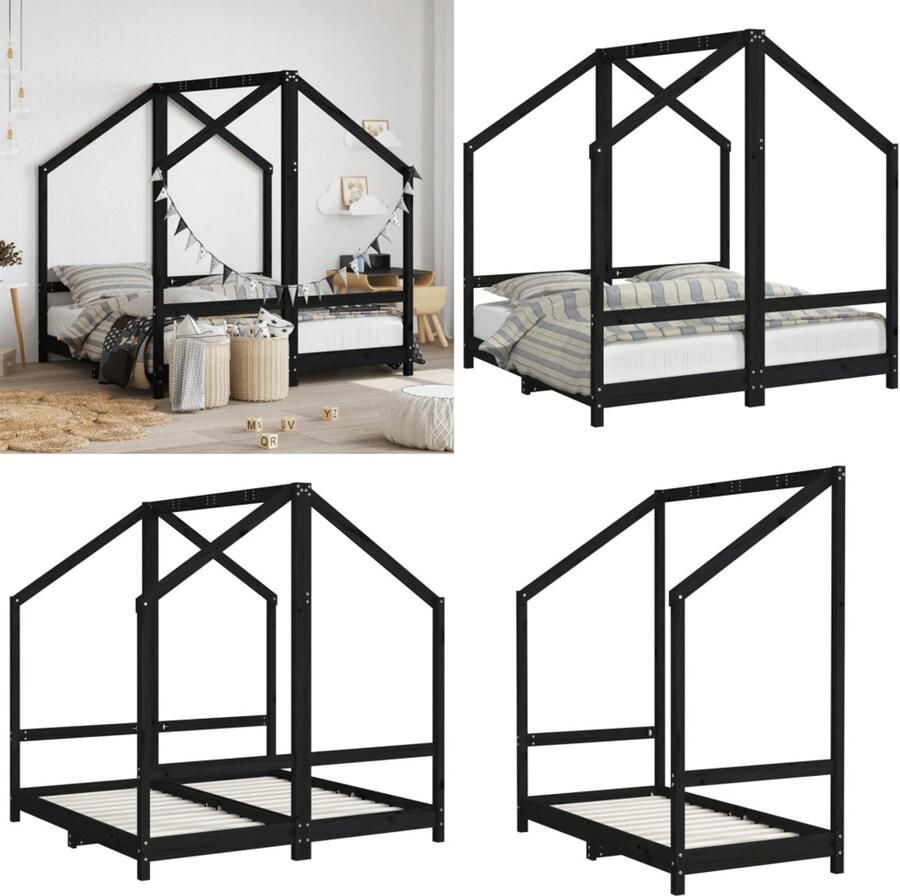 VidaXL Kinderbedframe 2x(70x140) cm massief grenenhout zwart Kinderbedframe Kinderbedframes Kinderbed Peuterbed