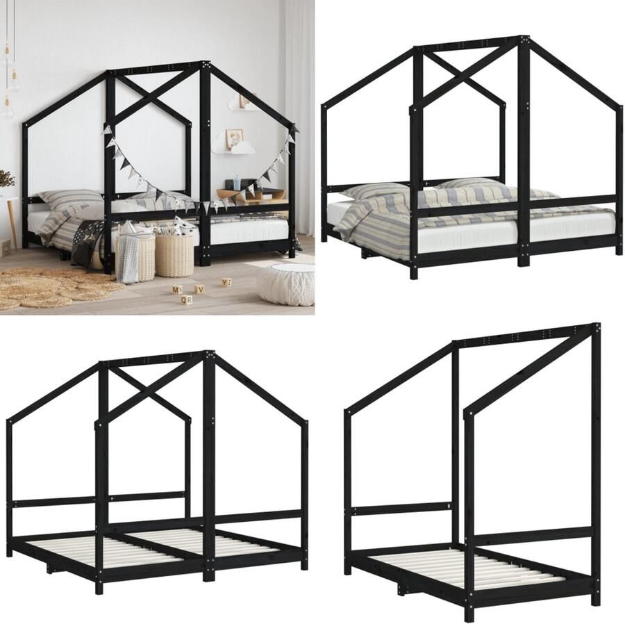 VidaXL Kinderbedframe 2x(80x160) cm massief grenenhout zwart Kinderbedframe Kinderbedframes Kinderbed Peuterbed