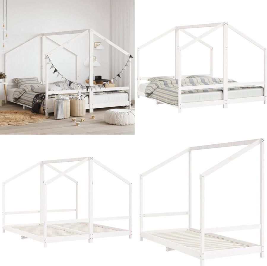 VidaXL Kinderbedframe 2x(90x200) cm massief grenenhout wit Kinderbedframe Kinderbedframes Kinderbed Peuterbed