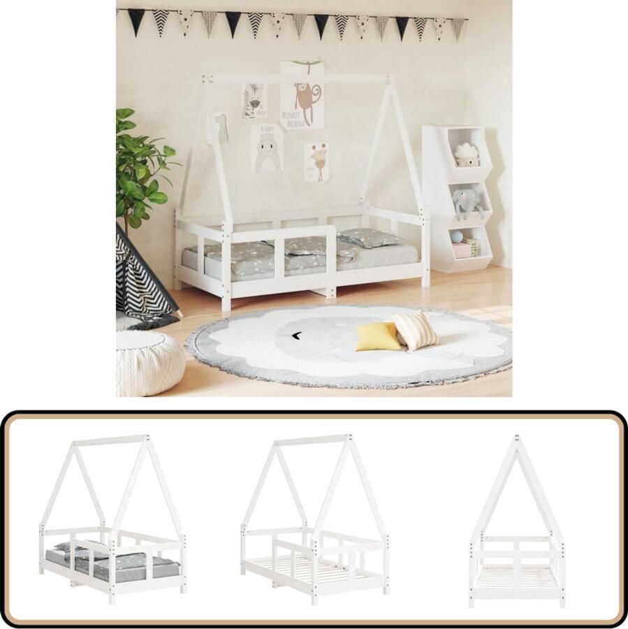 VidaXL Kinderbedframe 70x140 cm Grenenhout Wit Kinderbed Houten Bed Peuterbed Kids Bed Dakvormig Bed Witte Kinderkamer Slaapruimte Kind