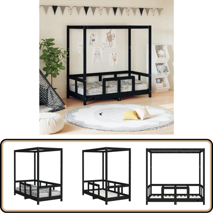 VidaXL Kinderbedframe 70x140 cm Grenenhout Zwart Kinderbed Massief Hout Bed Grenenhout Bed Hemelbed Zwarte Kinderkamer Kindermeubels