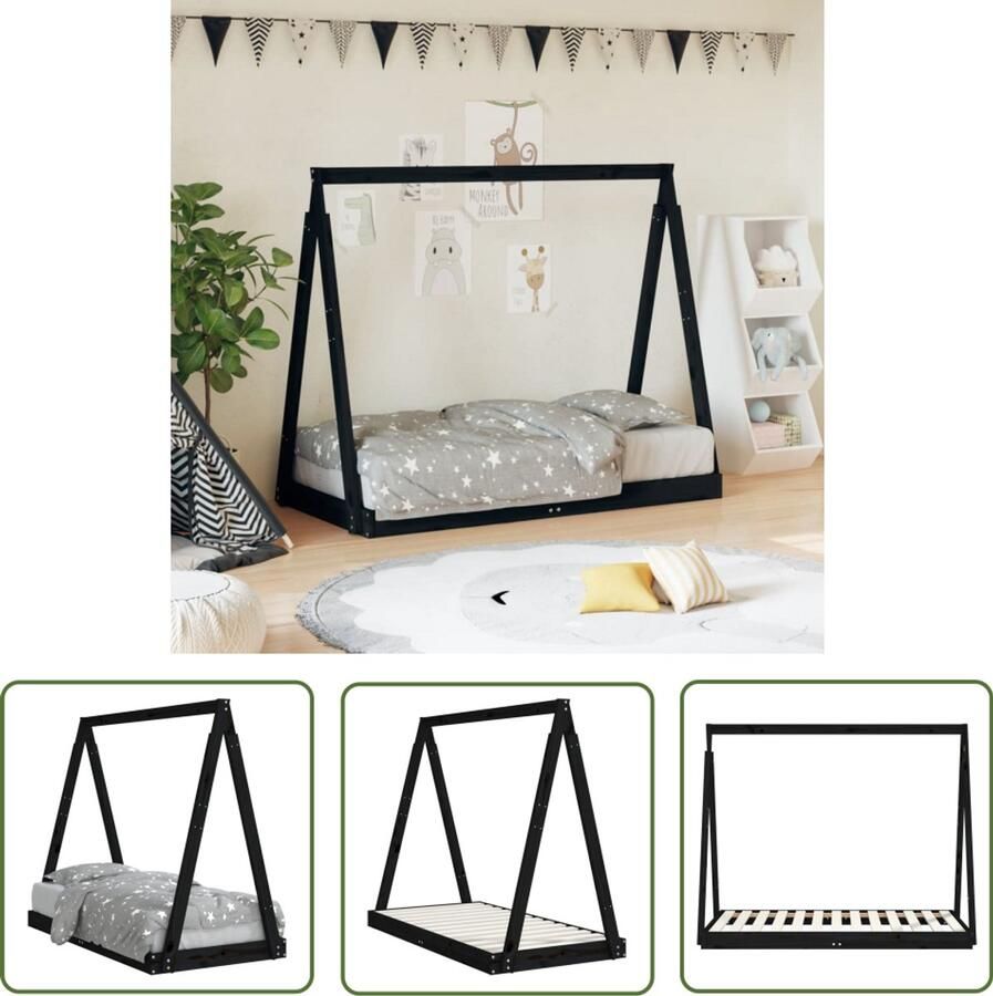 VidaXL Kinderbedframe 70x140 cm Grenenhout Zwart Kinderbed Tipibed Houten Bed Kids Bed Baby Bed Grenenhout Bed Zwart Bed Kindermeubels