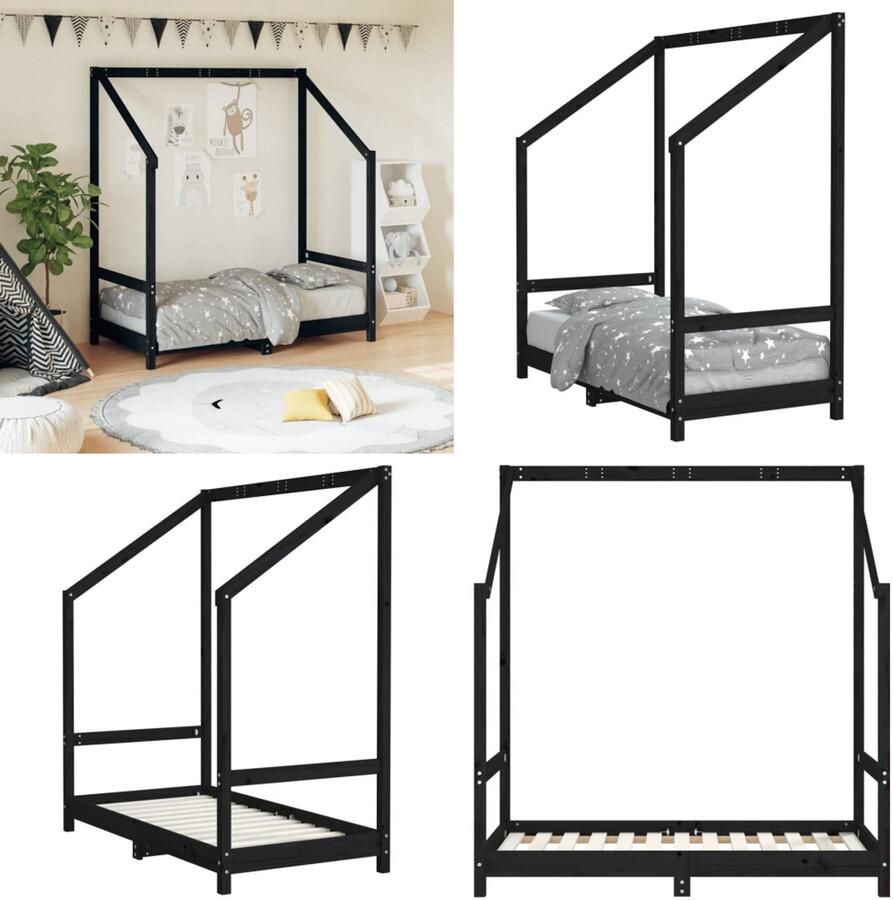 VidaXL Kinderbedframe 70x140 cm massief grenenhout zwart Kinderbedframe Kinderbedframes Kinderbed Peuterbed