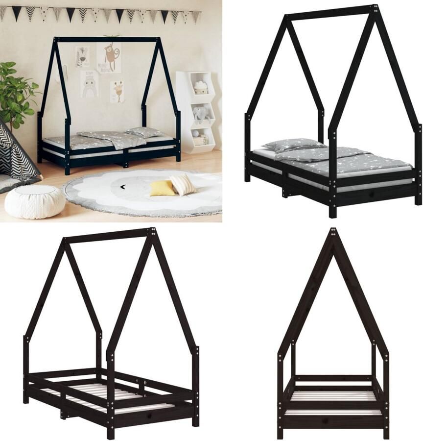 VidaXL Kinderbedframe 70x140 cm massief grenenhout zwart Kinderbedframe Kinderbedframes Kinderbed Peuterbed