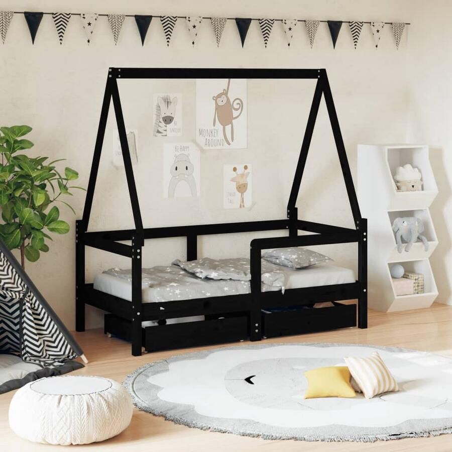VidaXL Kinderbedframe 70x140 cm Zwart Grenenhout Kinderbed Houten Bed Peuterbed Zwarte Kinderkamer Kids Bedroom Furniture Grenenhouth Meubels Slaapkamers Decoreren - Foto 2