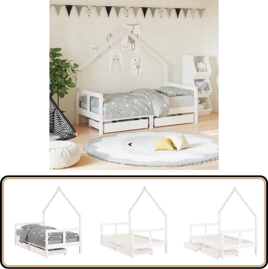 VidaXL Kinderbedframe 80x160 cm Grenenhout Wit Kinderbed Frame Houten Bed Kids Bed Kinderkamer Decoratie Grenenhout Meubels Kindermeubelen Opbergladekinderbed