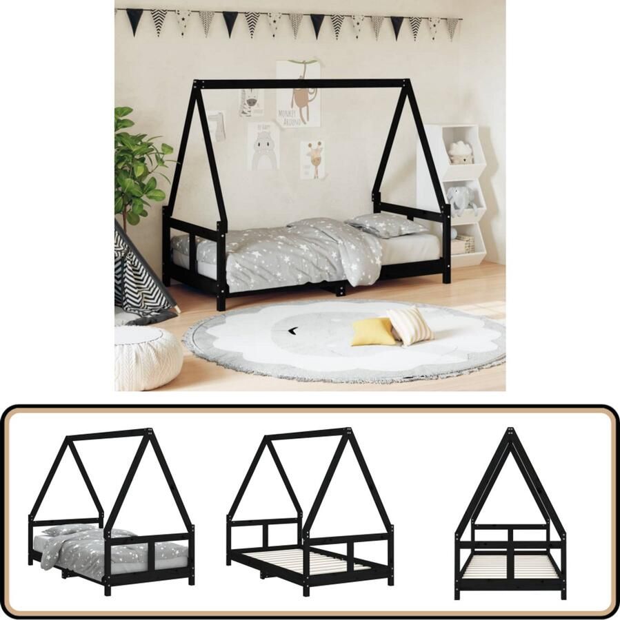 VidaXL Kinderbedframe 80x160 cm Grenenhout Zwart Kinderbed Houten Bed Peuterbed Kidsbed Huisjesbed