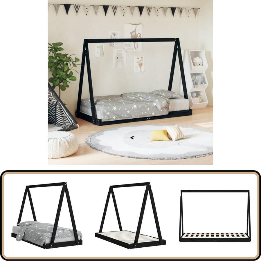 VidaXL Kinderbedframe 80x160 cm Grenenhout Zwart Kinderbed Tippied Kidsbed Houten Bed Massief Hout