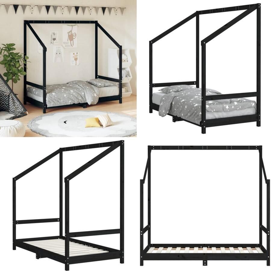 VidaXL Kinderbedframe 80x160 cm massief grenenhout zwart Kinderbedframe Kinderbedframes Kinderbed Peuterbed