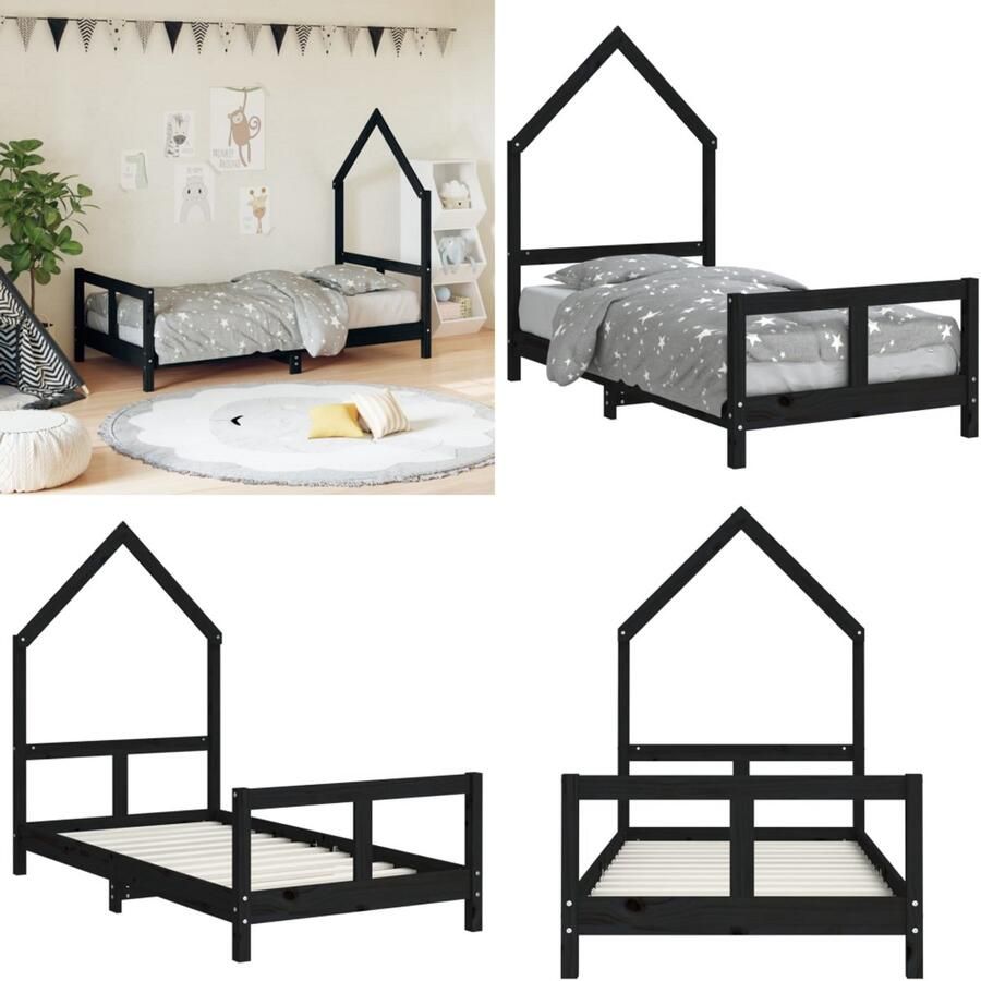 VidaXL Kinderbedframe 80x160 cm massief grenenhout zwart Kinderbedframe Kinderbedframes Kinderbed Peuterbed