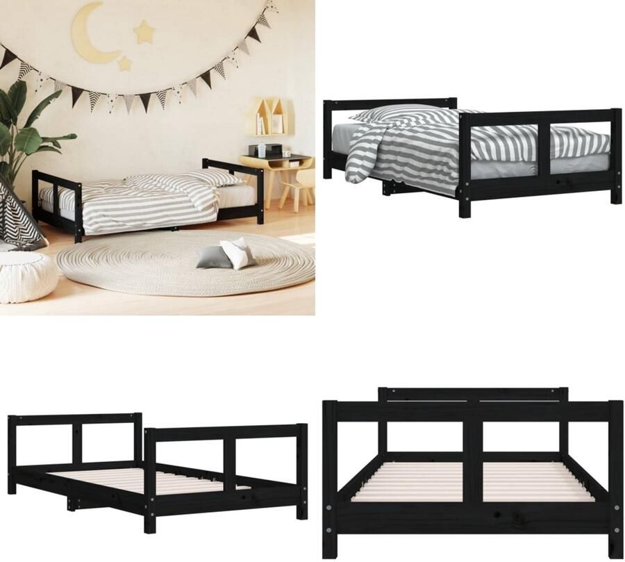 VidaXL Kinderbedframe 80x160 cm massief grenenhout zwart Kinderbedframe Kinderbedframes Kinderbed Peuterbed