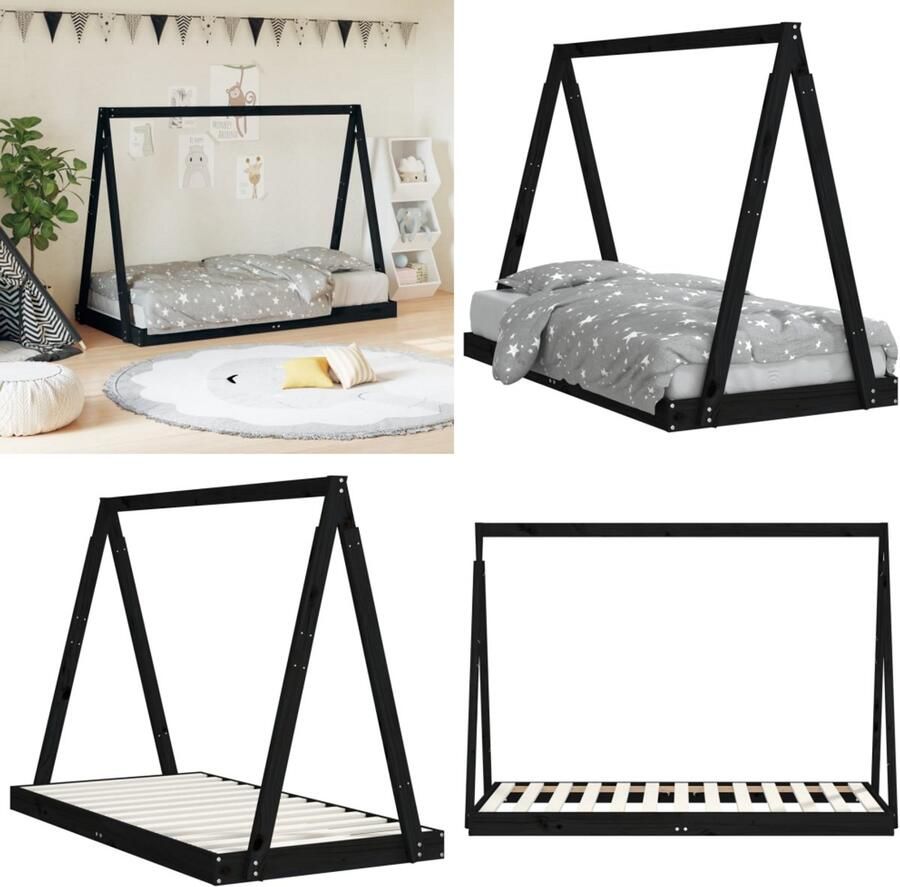 VidaXL Kinderbedframe 80x160 cm massief grenenhout zwart Kinderbedframe Kinderbedframes Kinderbed Tipibed