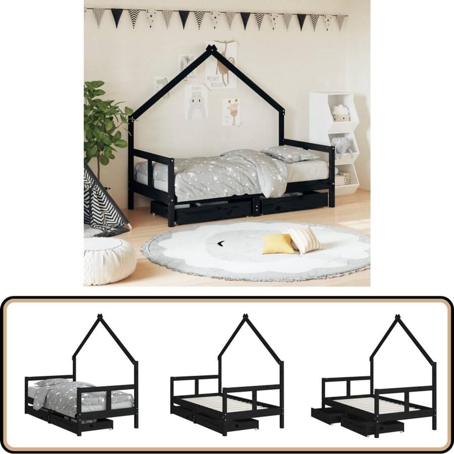 VidaXL Kinderbedframe 80x160 cm Met lades Zwart Kinderbed Houten Bed Peuterbed Kidsbed Slaapruimte