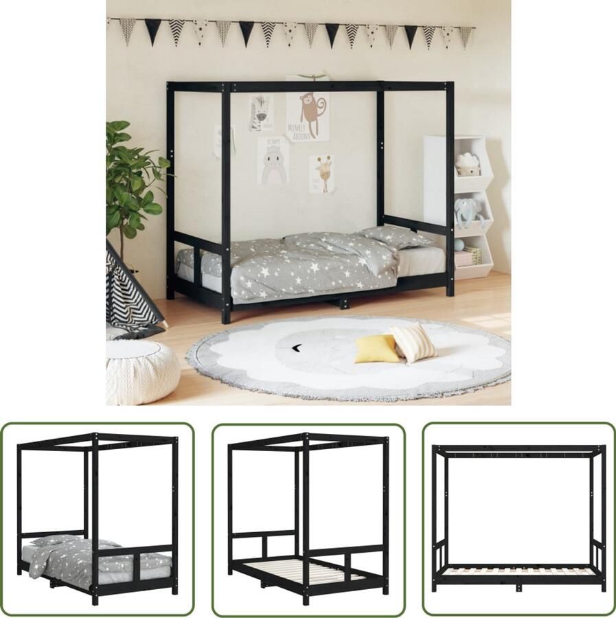 VidaXL Kinderbedframe 80x160 cm Zwart Grenenhout Kinderbed Hemelbed Massief Hout Grenenhout Zwarte Kleur Kinderkamer Decoratie