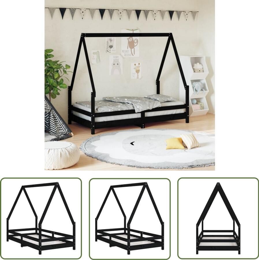 VidaXL Kinderbedframe 80x160 cm zwart massief hout Kinderbed Houten Bed Peuterbed Kids Bed Baby Kamer Kinderkamer Decoratie Dakvormig Bed Zwart Bed - Foto 2