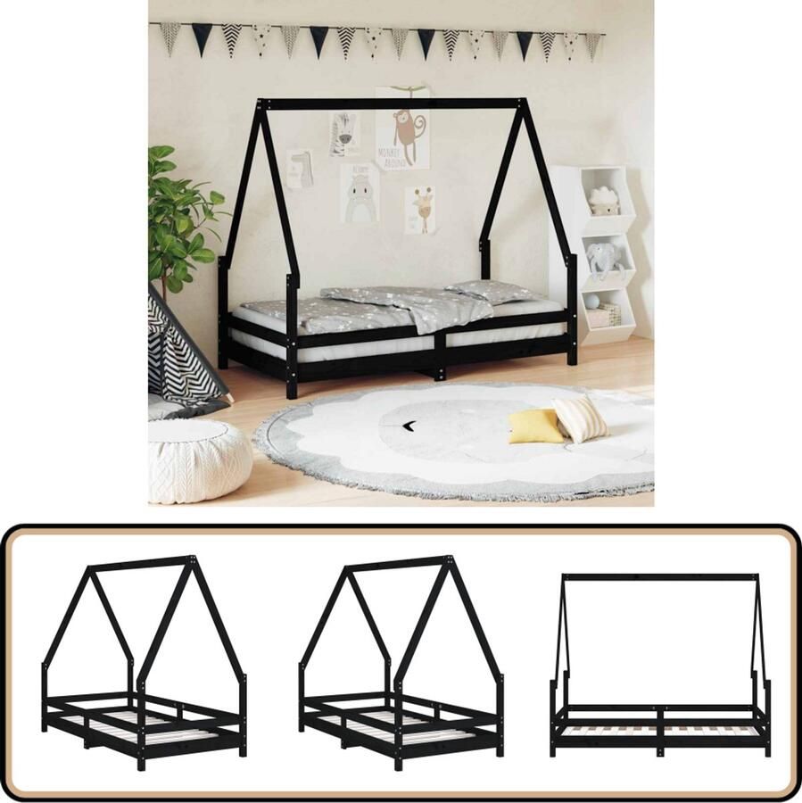 VidaXL Kinderbedframe 80x160 cm zwart massief hout Kinderbed Houten Bed Peuterbed Kids Bed Baby Kamer Kinderkamer Decoratie Dakvormig Bed Zwart Bed