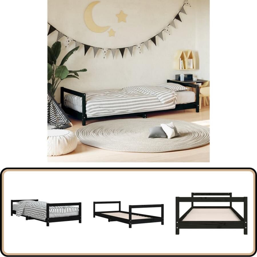 VidaXL Kinderbedframe 80x200 cm Grenenhout Zwart Kinderbed Frame Houten Bed Kids Bed Grenenhouten Bed Zwarte Kinderbed