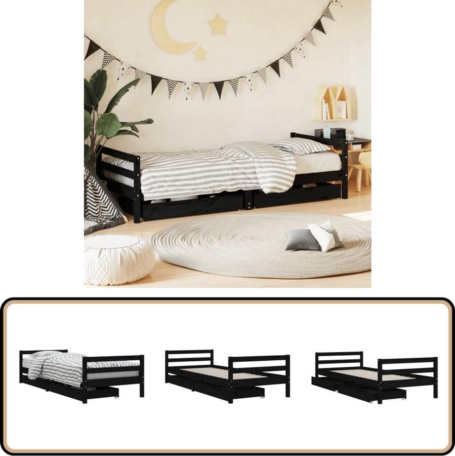 VidaXL Kinderbedframe 80x200 cm Grenenhout Zwart Kinderbed Frame Houten Bed Kids Bed Massief Grenenhout Opberglades