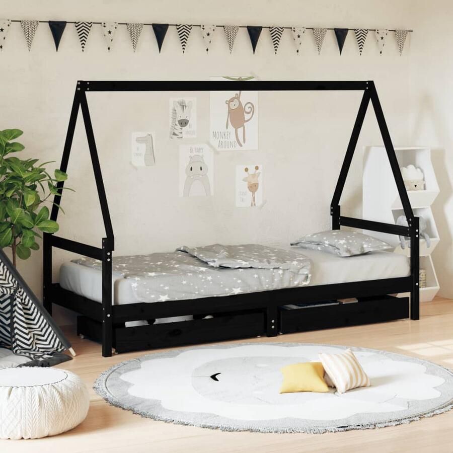 VidaXL Kinderbedframe 80x200 cm Grenenhout Zwart Kinderbed Houten Bed Kids Bed Jongenskamer Meisjeskamer Slaapkamers Huisje Bed Bunk Beds - Foto 2