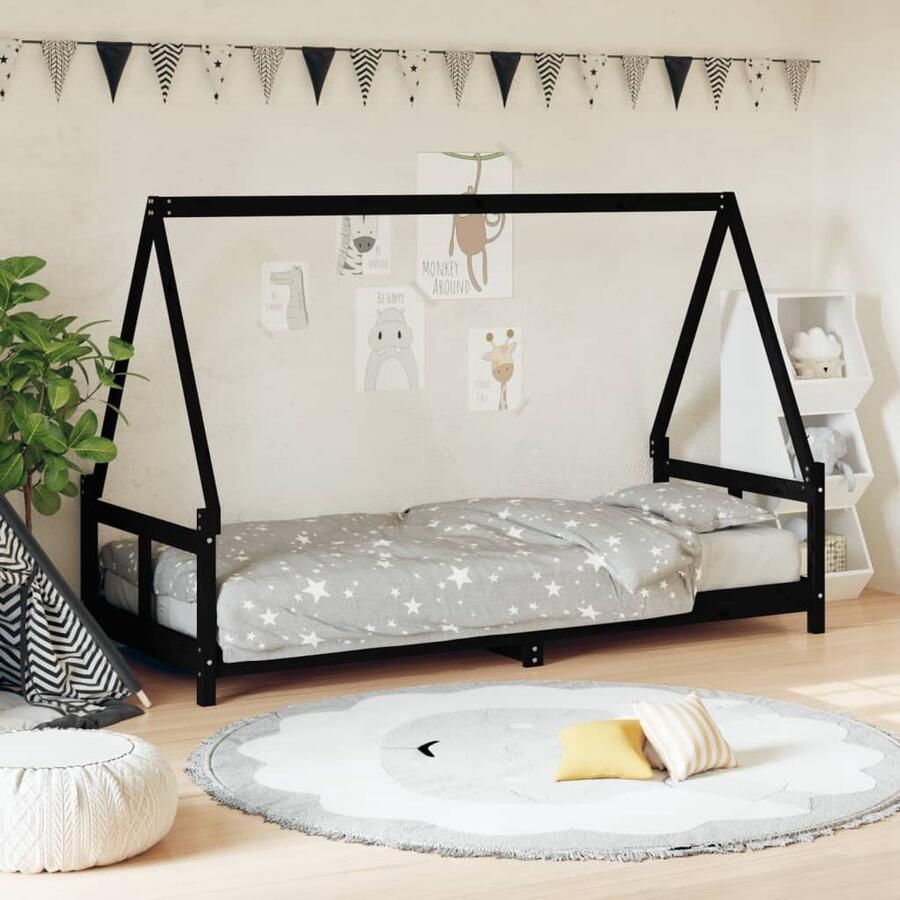 VidaXL Kinderbedframe 80x200 cm Grenenhout Zwart Kinderbed Houten Bed Kids Bed Slaapruimte Kinderkamer Design Kinderbed Huisjesbed Peuterbed - Foto 2