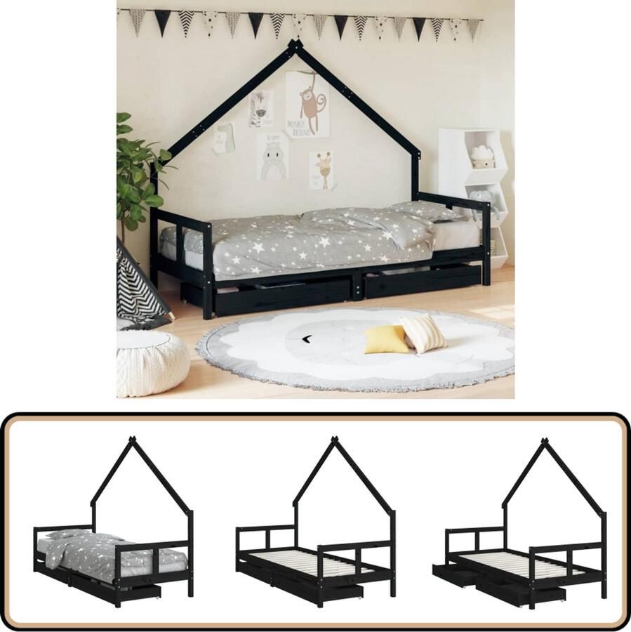 VidaXL Kinderbedframe 80x200 cm Grenenhout Zwart Kinderbed Houten Bed Peuterbed Kids Bed Huisvormig Bed