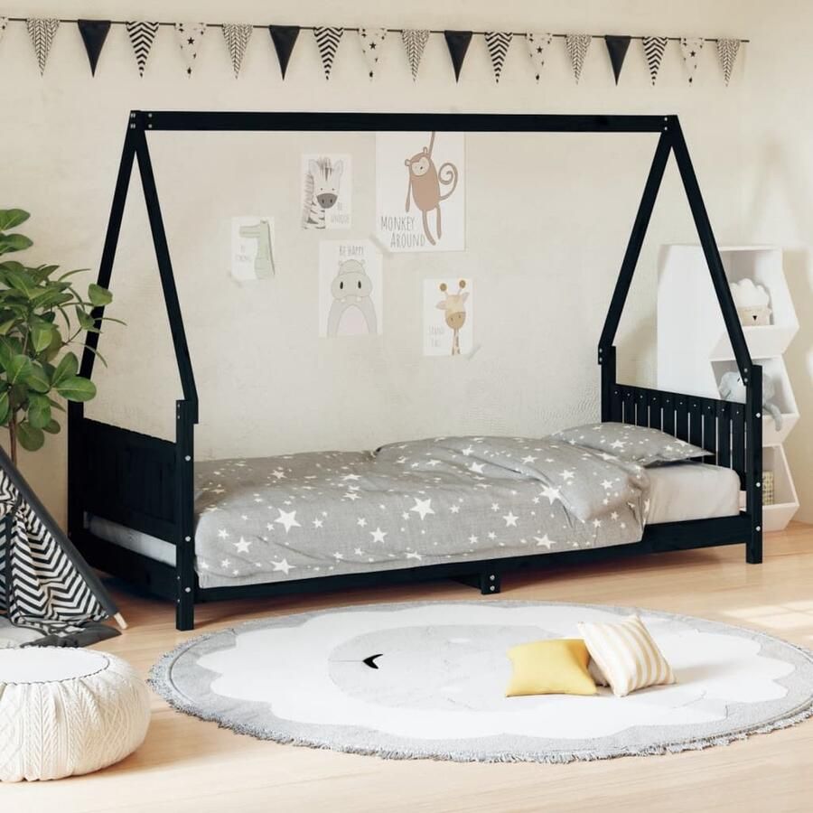 VidaXL Kinderbedframe 80x200 cm Grenenhout Zwart Kinderbed Houten Bed Peuterbed Kids Bed Kinderkamer Decoratie Huisjesbed Jongens Kamer Meisjes Kamer - Foto 2