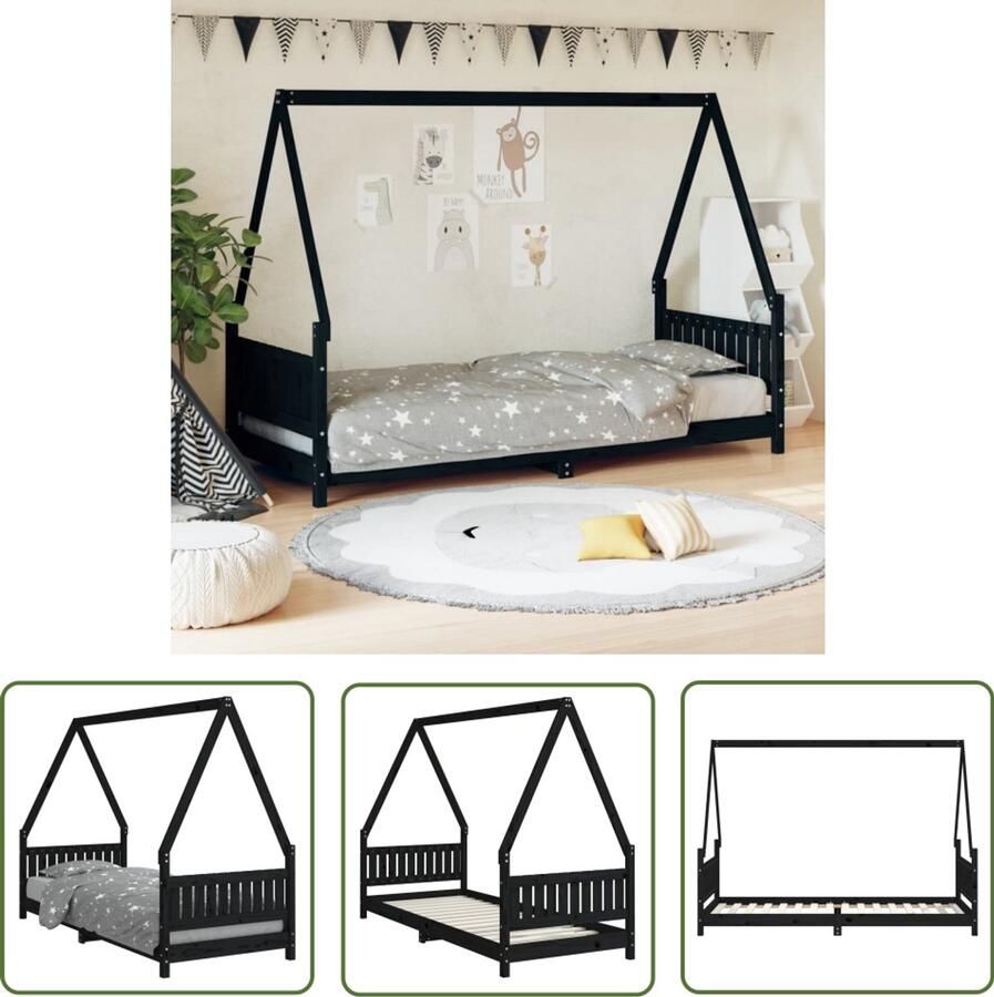 VidaXL Kinderbedframe 80x200 cm Grenenhout Zwart Kinderbed Houten Bed Peuterbed Kids Bed Kinderkamer Decoratie Huisjesbed Jongens Kamer Meisjes Kamer