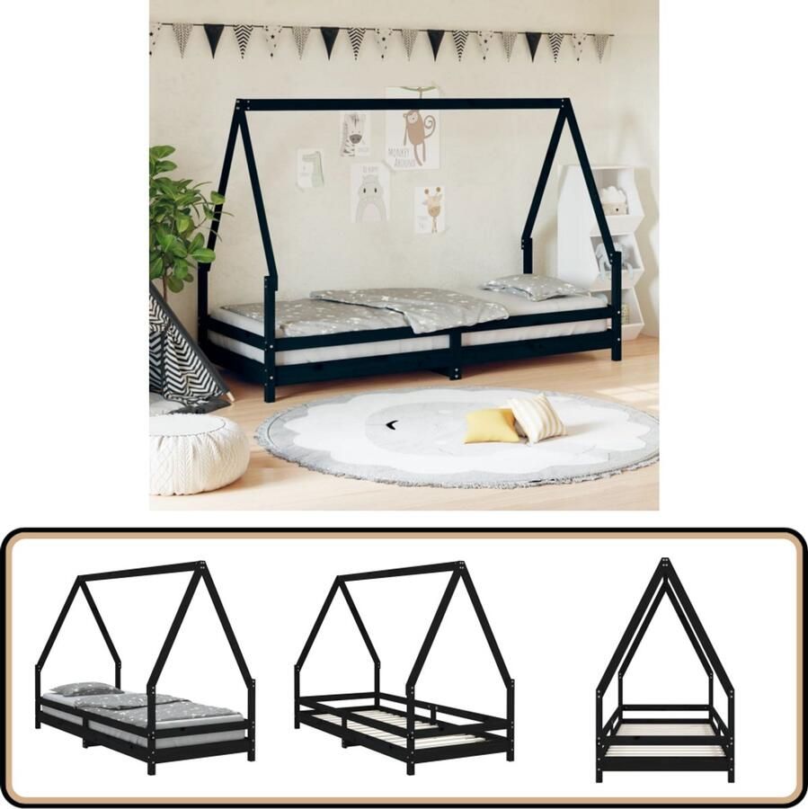 VidaXL Kinderbedframe 80x200 cm Grenenhout Zwart Kinderbed Houten Bed Peuterbed Kidsbed Slaapruimte