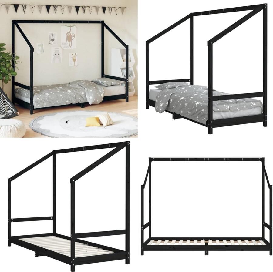 VidaXL Kinderbedframe 80x200 cm massief grenenhout zwart Kinderbedframe Kinderbedframes Kinderbed Peuterbed