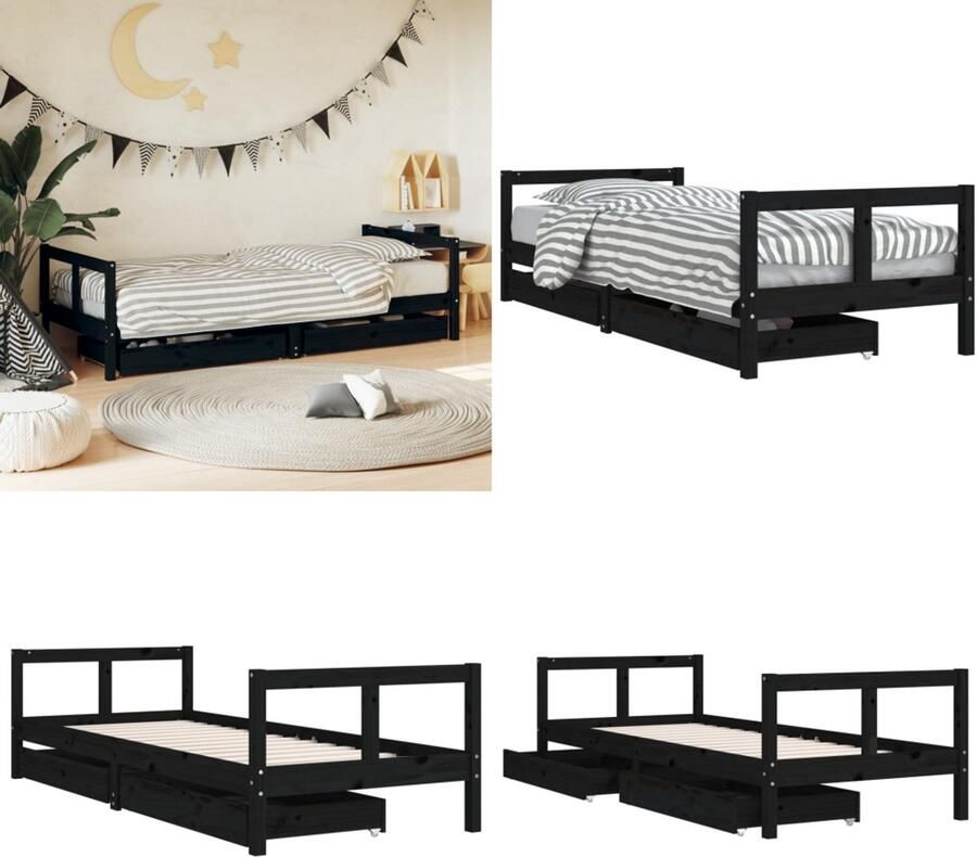 VidaXL Kinderbedframe 80x200 cm massief grenenhout zwart Kinderbedframe Kinderbedframes Kinderbed Peuterbed