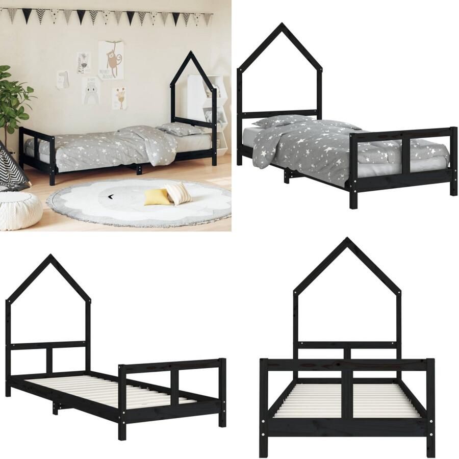VidaXL Kinderbedframe 80x200 cm massief grenenhout zwart Kinderbedframe Kinderbedframes Kinderbed Peuterbed