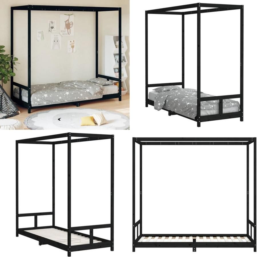 VidaXL Kinderbedframe 80x200 cm massief grenenhout zwart Kinderbedframe Kinderbedframes Kinderbed Peuterbed
