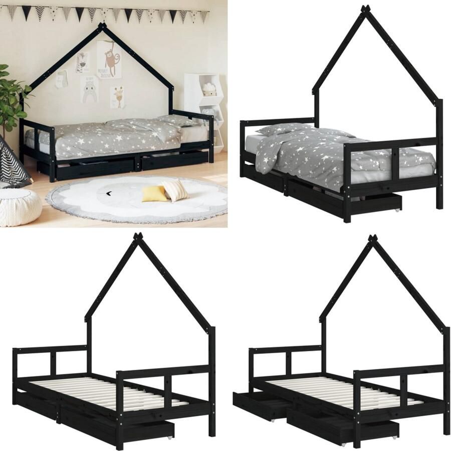 VidaXL Kinderbedframe 80x200 cm massief grenenhout zwart Kinderbedframe Kinderbedframes Kinderbed Bed Voor Kinderen