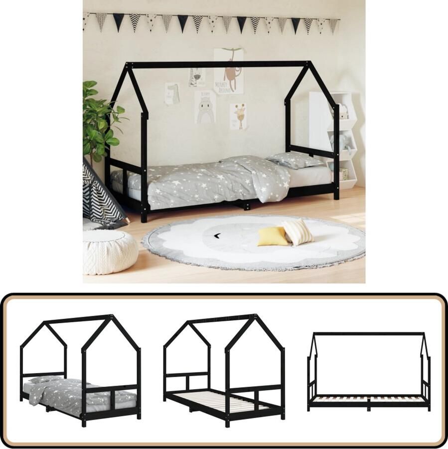 VidaXL Kinderbedframe 80x200 cm Zwart Grenenhout Kinderbed Houten Bed Peuterbed Kids Bed Slaapkamersdecoratie Babykamer Jongenskamer Meisjeskamer Grenenhouthout