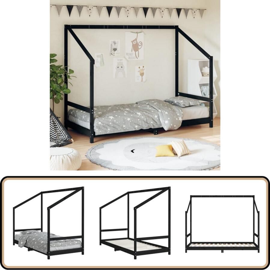 VidaXL Kinderbedframe 90x190 cm Grenenhout Zwart Kinderbed Houten Bed Peuterbed Grenenhouthout Zwarte Kleur