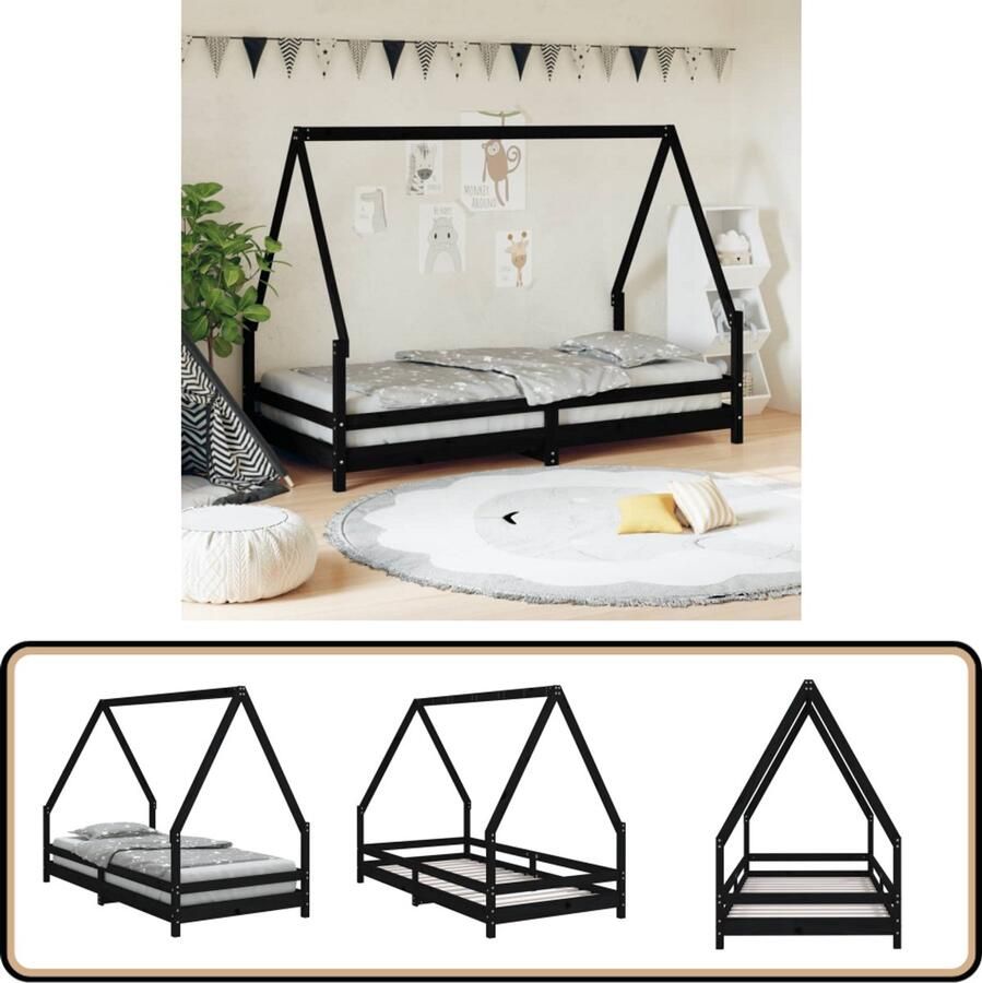 VidaXL Kinderbedframe 90x190 cm Grenenhout Zwart Kinderbed Houten Bed Peuterbed Kidsbed Huisjesshaped Bed