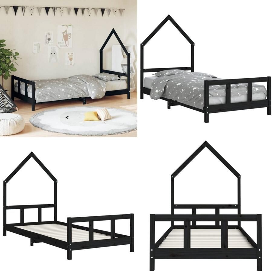 VidaXL Kinderbedframe 90x190 cm massief grenenhout zwart Kinderbedframe Kinderbedframes Kinderbed Peuterbed