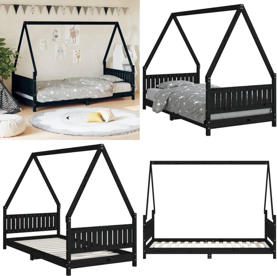 VidaXL Kinderbedframe 90x190 cm massief grenenhout zwart Kinderbedframe Kinderbedframes Kinderbed Peuterbed