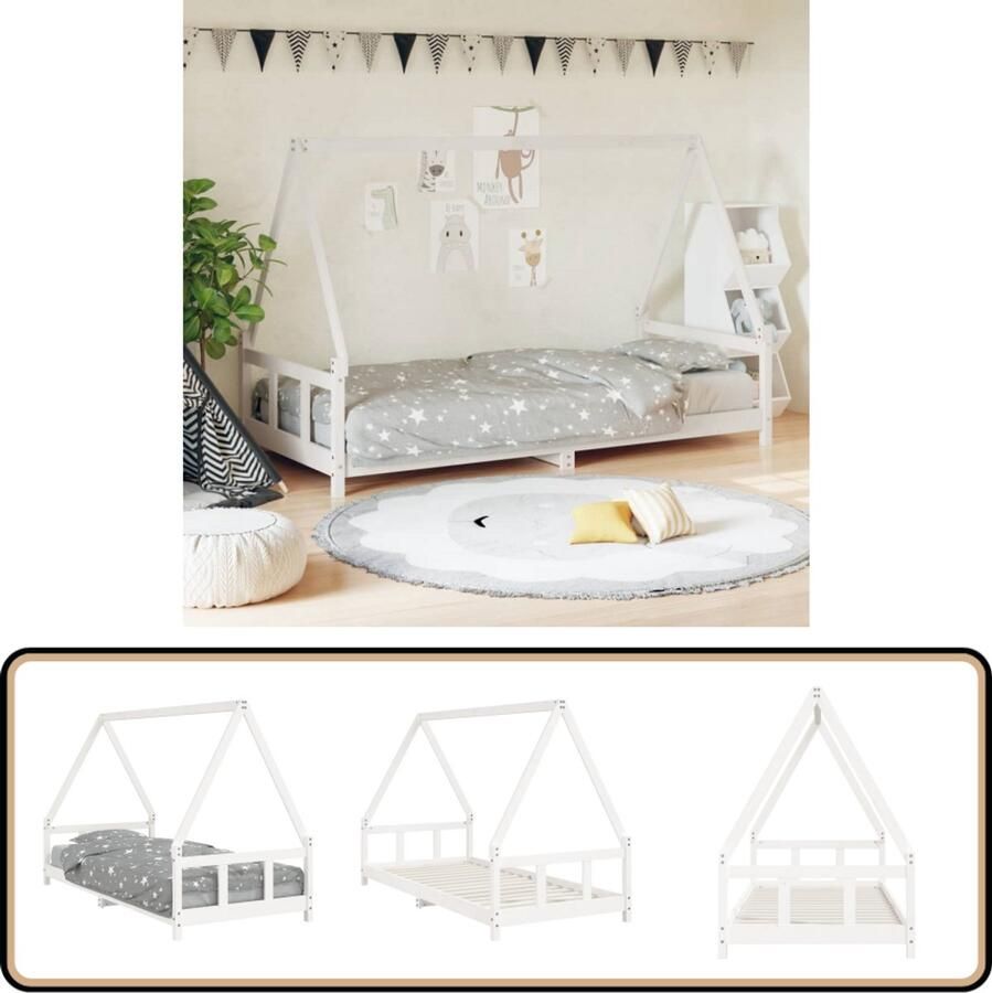 VidaXL Kinderbedframe 90x200 cm Grenenhout Wit Kinderbed Houten Bed Kidsbed Dakvormig Bed Witte Kinderkamer