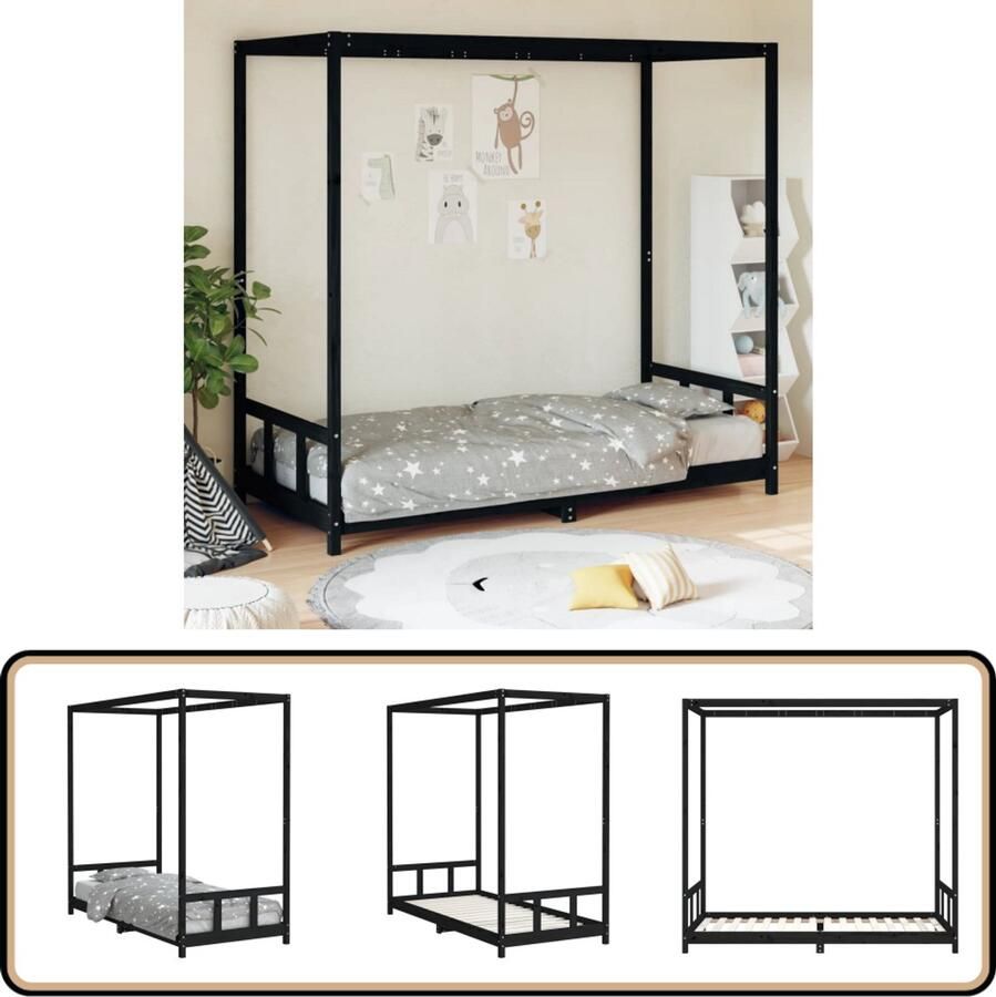 VidaXL Kinderbedframe 90x200 cm Grenenhout Zwart Kinderbed Hemelbed Houten Bed Grenenhouten Bed Kidsbed